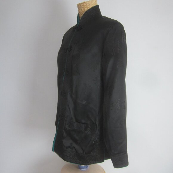 Vtg Solz Squirrel Womens M Turquoise Black Reversible Kimono Satin Jacket Blazer - Picture 4 of 13